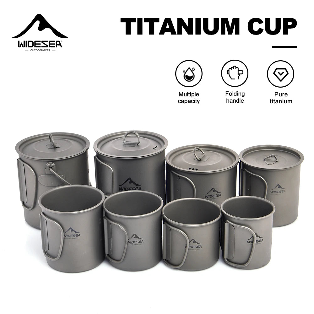 A set of Widesa titanium camping mugs and matching lids, displayed on a clean white background with product feature icons and text.