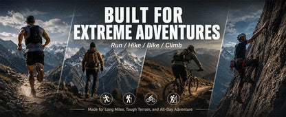 Adventures in mountains with text 'Built for Extreme Adventures' and mountain climbers.