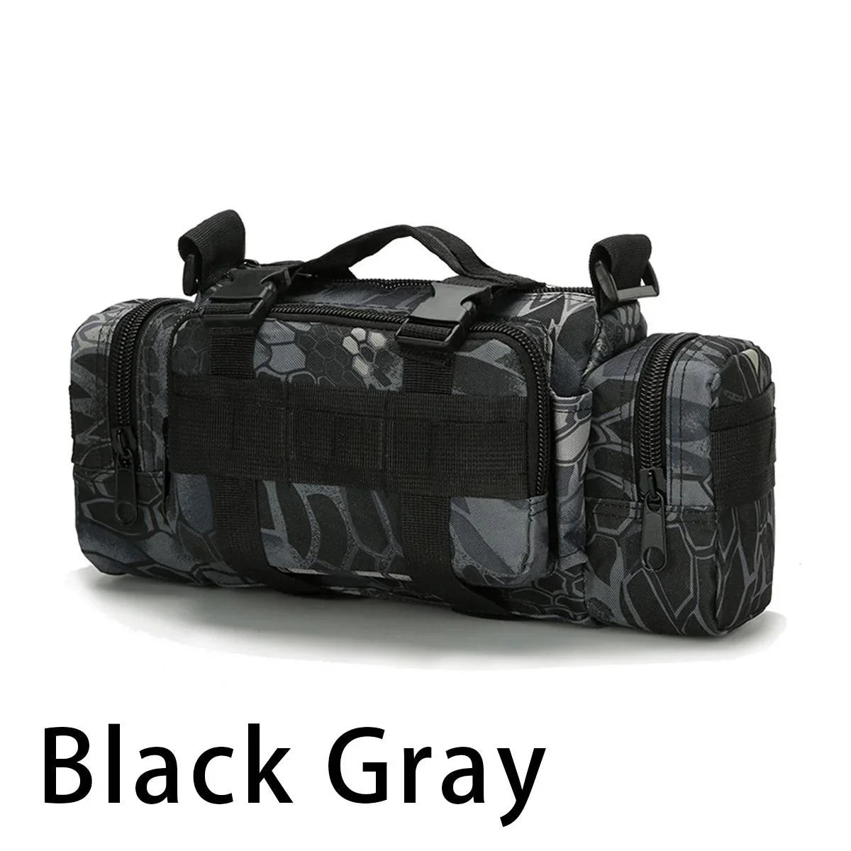Black and gray camouflage duffel bag on a white background with 'Black Gray' text.