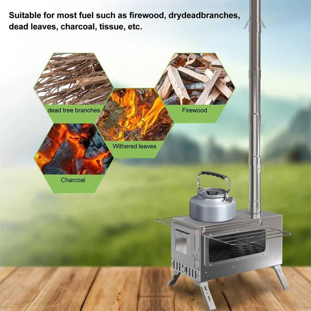 Wood stove with kettle on a wooden surface, surrounded by images of firewood, dry branches, and charcoal.
