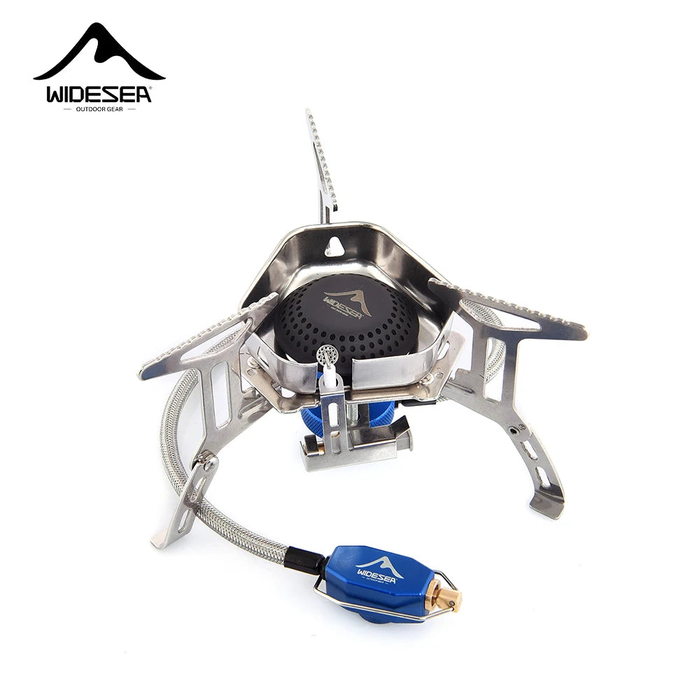 Camping stove with blue fuel canister on a white background, branded 'Widesea'.