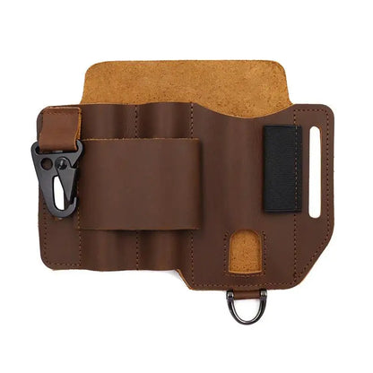 Brown leather pouch with multiple compartments and a clip on a white background