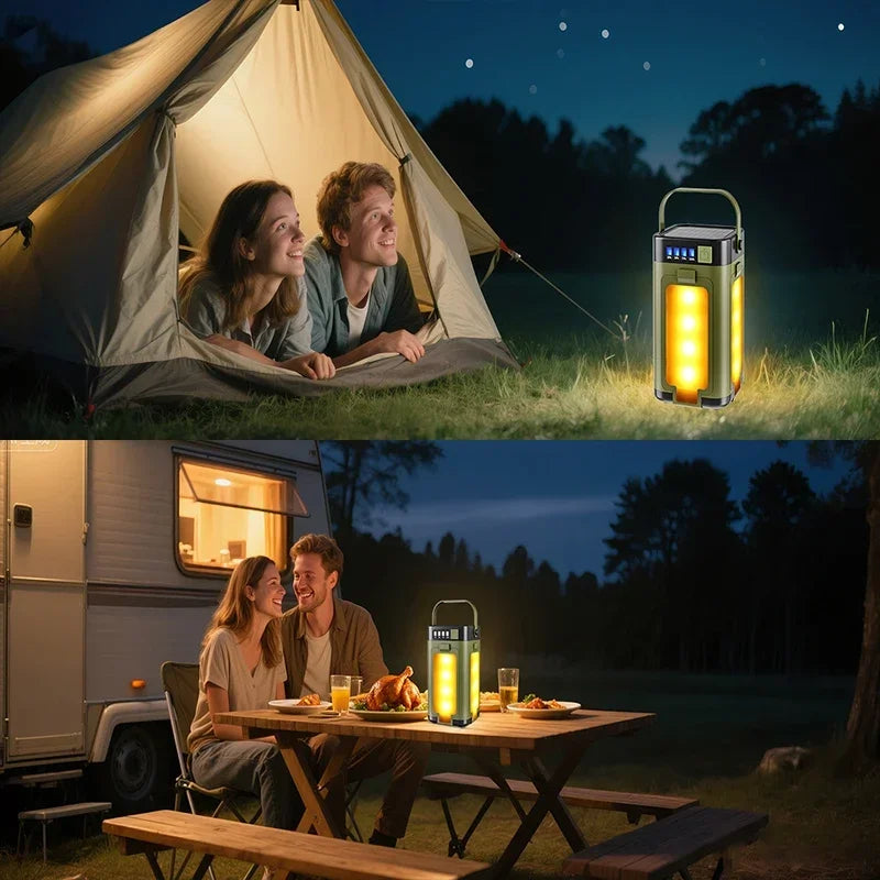 A dual-panel lifestyle image showing a portable rectangular camping lantern with a handle and integrated LED light bar. The top panel shows the lantern glowing next to a couple inside a tent at night.
