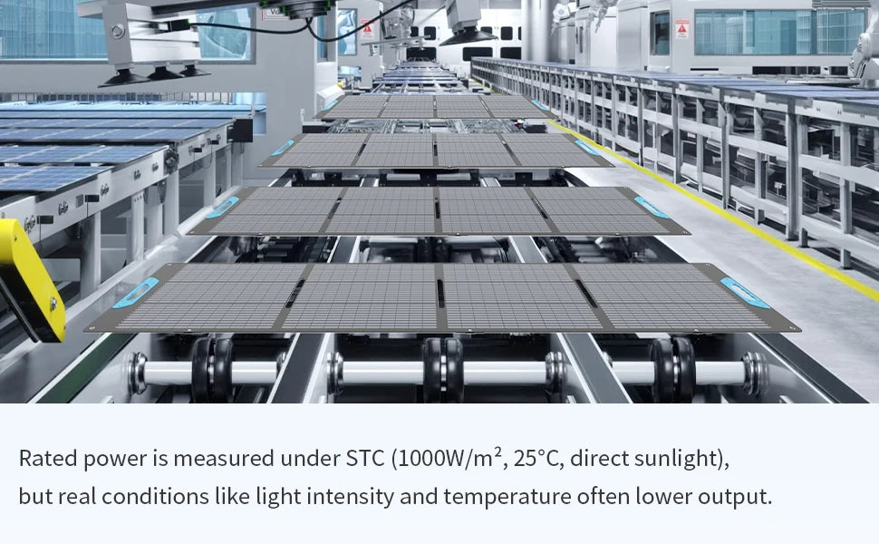 A long row of large rectangular solar panels mounted on a conveyor or assembly line inside a clean industrial facility. The scene is a wide-angle view with machinery, rails, and bright overhead lighting.
