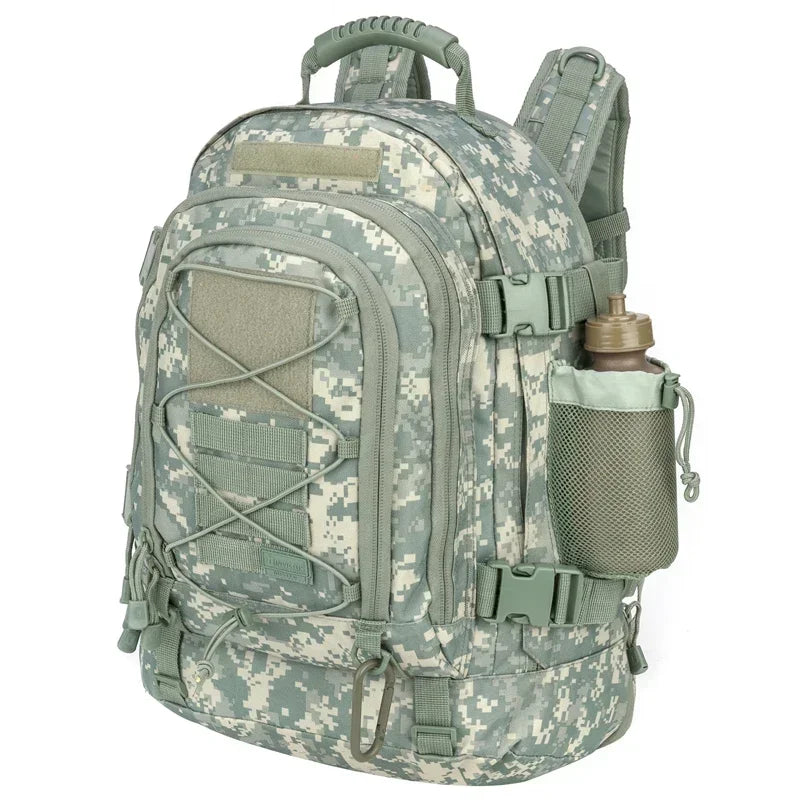 Camouflage backpack with water bottle holder on a white background