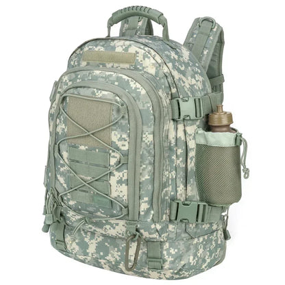 Camouflage backpack with water bottle holder on a white background