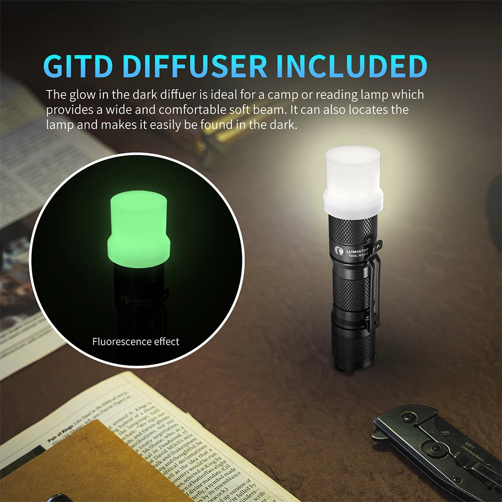 Flashlight with GITD diffuser included, glowing on a surface with text explaining its use.