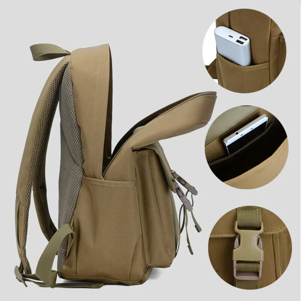 Tan backpack with multiple pockets and compartments on a light gray background
