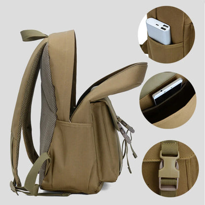Tan backpack with multiple pockets and compartments on a light gray background