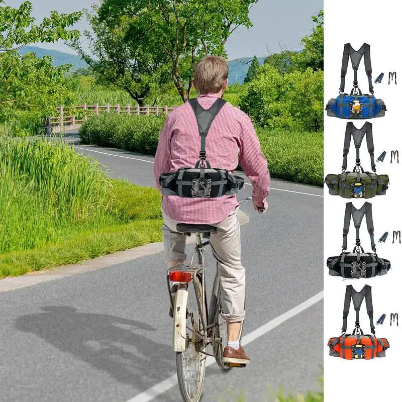 A man riding a bicycle on a country road viewed from behind, wearing a black and gray crossbody backpack designed for cyclists. The main image shows the product in use, while a vertical strip on the right displays four color variations of the backpack.