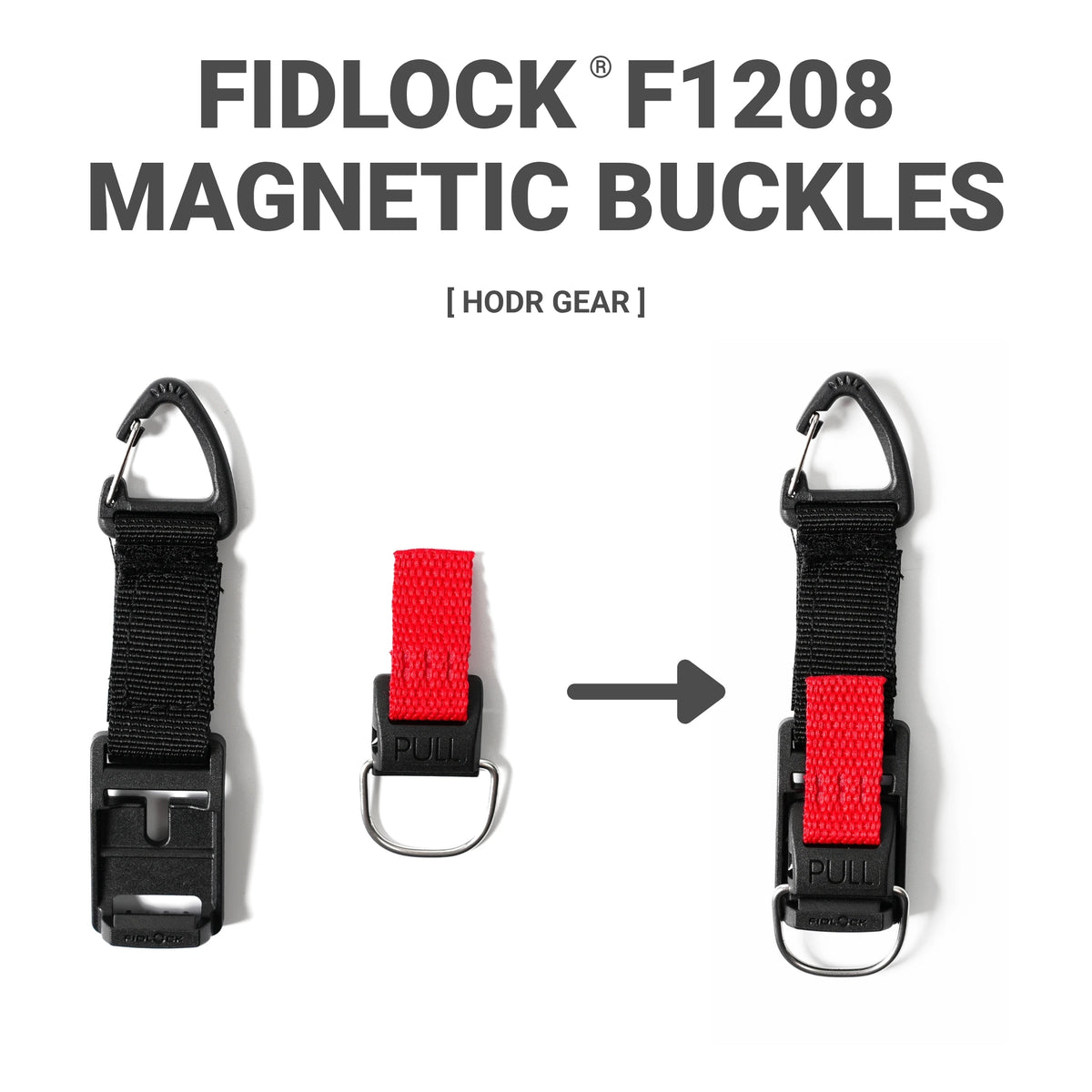 FIDLOCK F1208 Magnetic Buckles for HODR Gear, showing black magnetic carabiner-style buckles with red webbing loops and a demonstration of the magnetic pull feature.