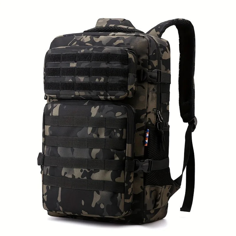 Camouflage backpack with multiple pockets on a white background