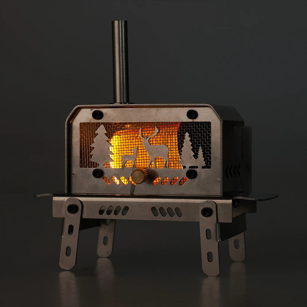 Small metal stove with cut-out designs on a dark background