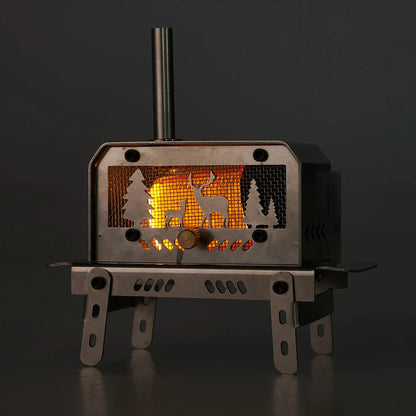 Small metal stove with cut-out designs on a dark background