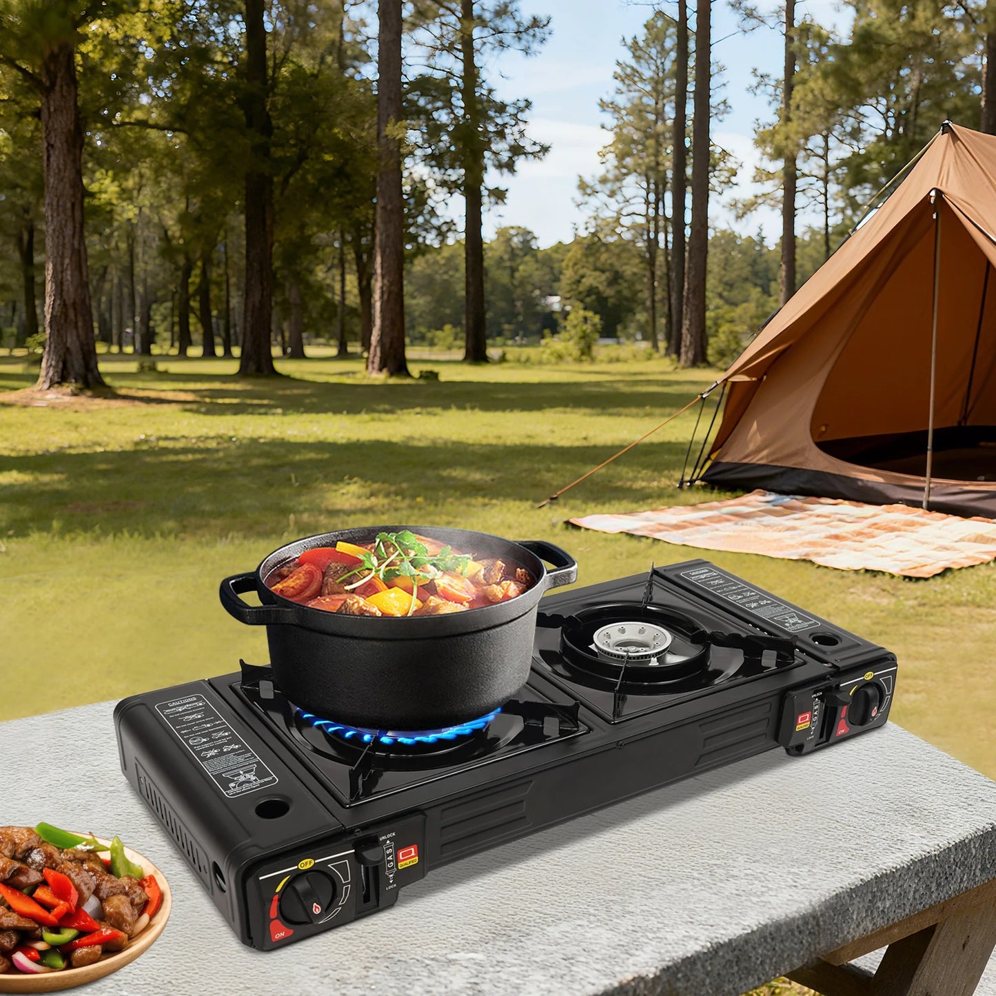 Portable camping stove with a pot of food on a table in a forest setting with a tent in the background.
