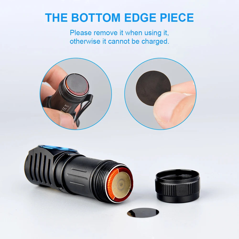 Black flashlight with bottom edge piece removal instruction on a light blue background