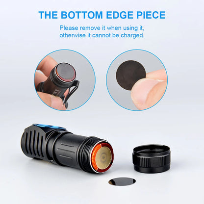 Black flashlight with bottom edge piece removal instruction on a light blue background