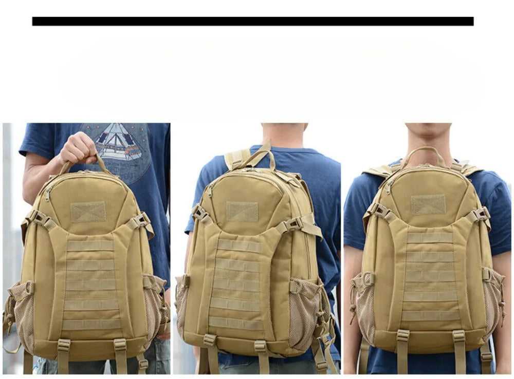 Tan backpack shown from front, side, and back views on a person wearing a blue shirt.