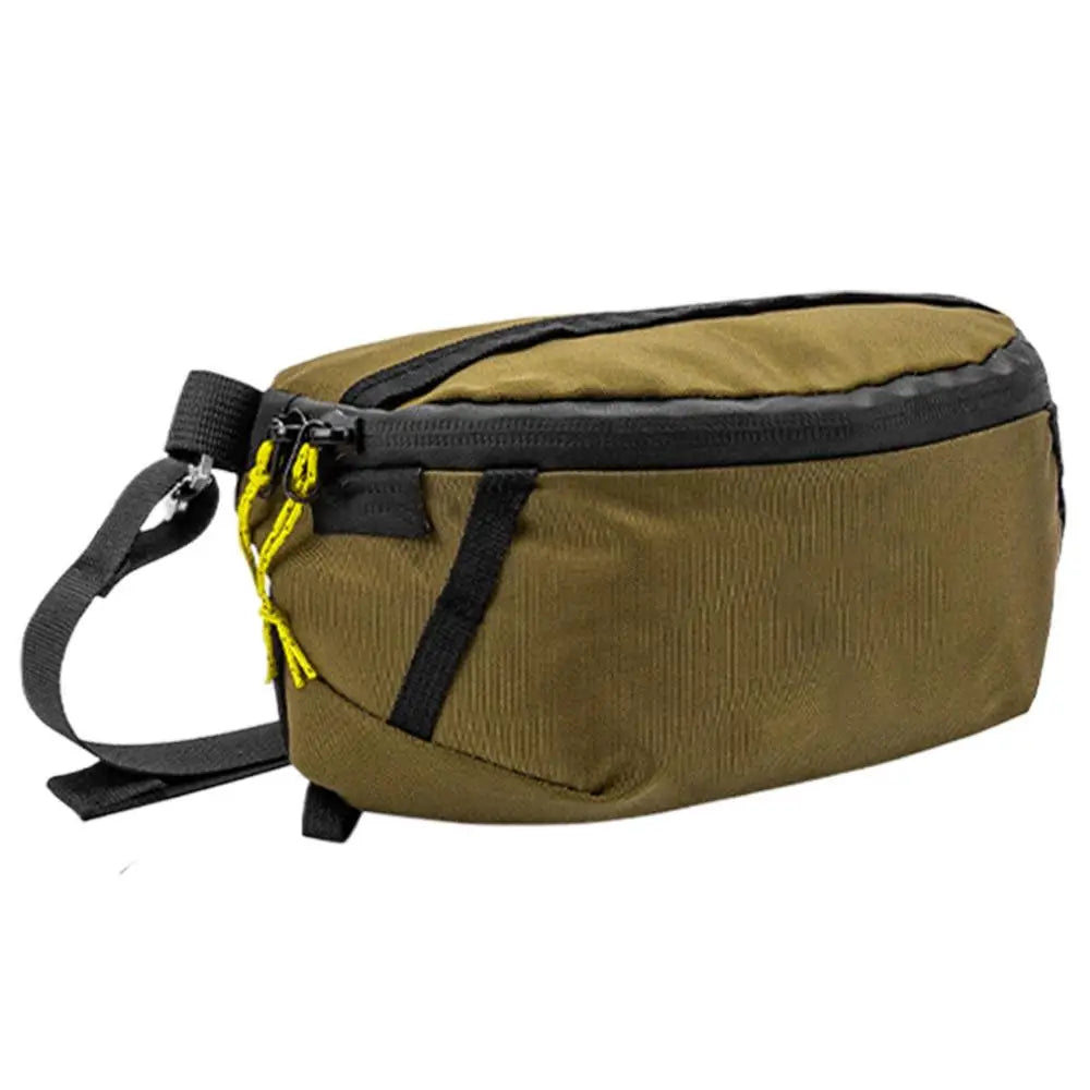 Brown waist bag with black strap and yellow zipper on a white background