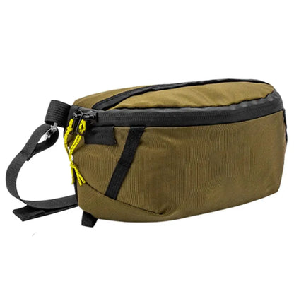 Brown waist bag with black strap and yellow zipper on a white background