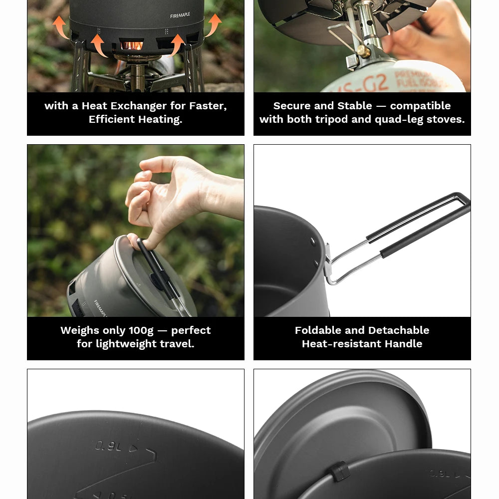 Collage of features and uses of a camping stove with text descriptions.