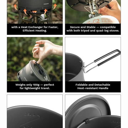 Collage of features and uses of a camping stove with text descriptions.