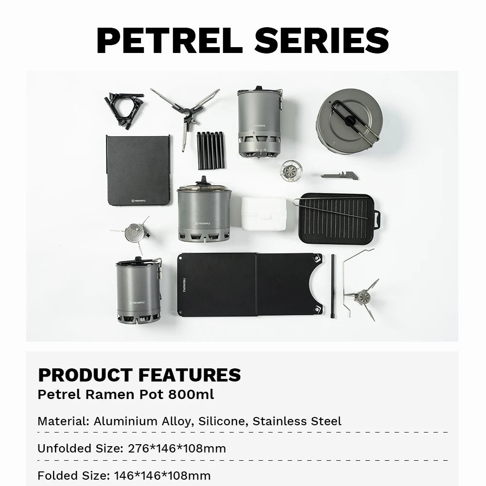 Collection of camping and outdoor cooking equipment with Petrel Series branding on a white background.