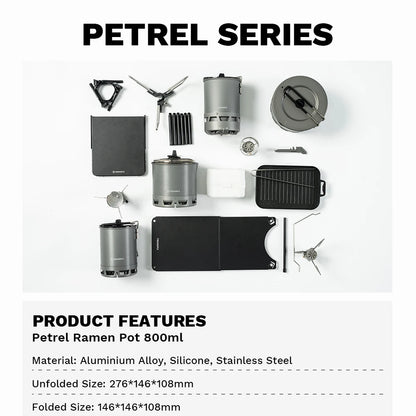 Collection of camping and outdoor cooking equipment with Petrel Series branding on a white background.