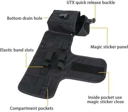 Black tactical holster with labeled features on a white background