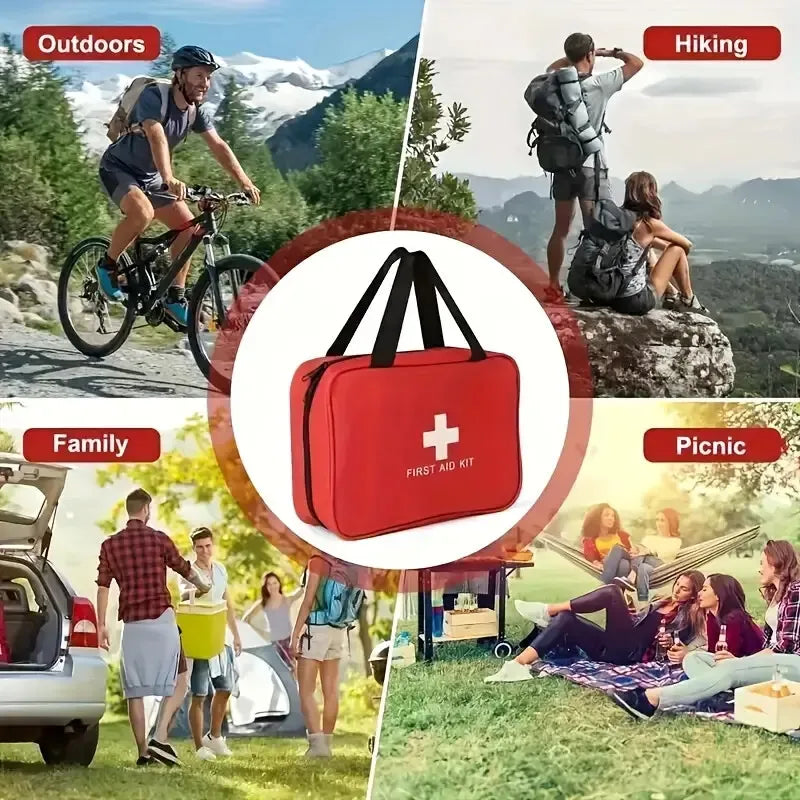 Red first aid kit with outdoor scenarios including hiking, family activities, and picnics.