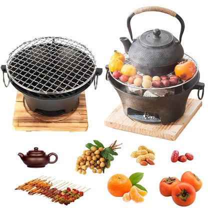 Collage of a grill, teapot, and various food items on a white background