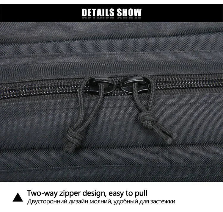 Close-up of a two-way zipper on a black bag with text indicating its design.