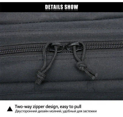 Close-up of a two-way zipper on a black bag with text indicating its design.
