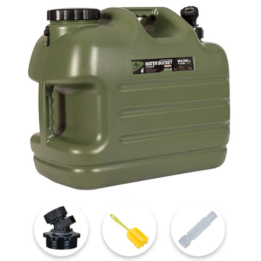 Green water container with accessories on a white background