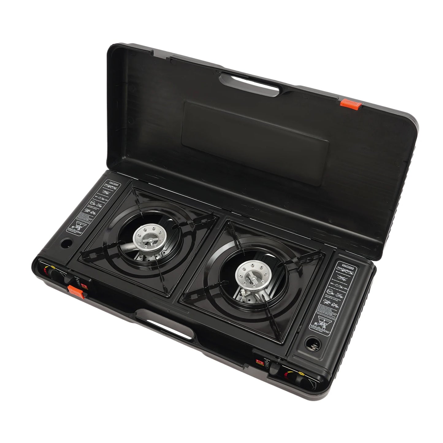 Portable gas stove with two burners in a black carrying case on a white background