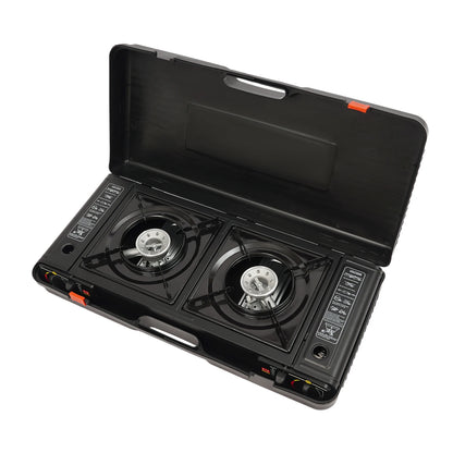 Portable gas stove with two burners in a black carrying case on a white background