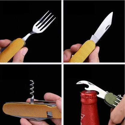 Multifunctional tool with fork, knife, corkscrew, and bottle opener on a black background