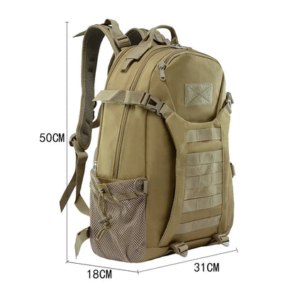 Tan tactical backpack with measurement labels on a white background