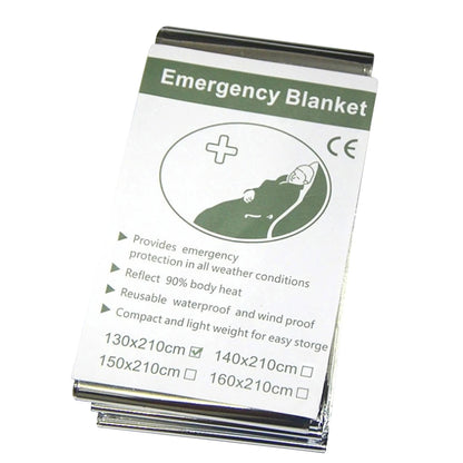 Emergency blanket packaging with specifications on a white background