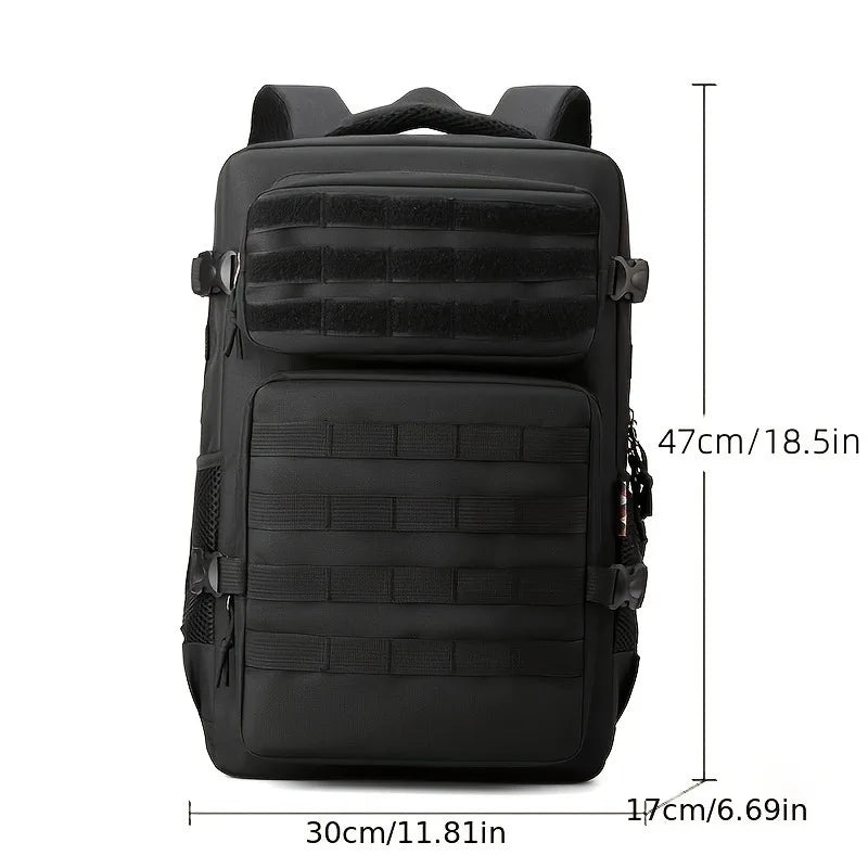 Black tactical backpack with measurements on a white background
