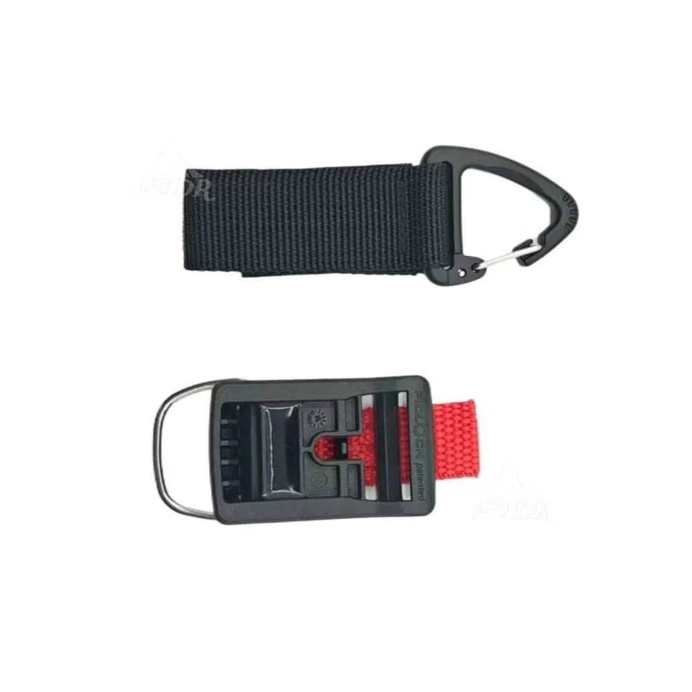 A black nylon webbing strap with a black carabiner clip and a black plastic buckle, featuring a red woven loop extending from the buckle, shown on a white background.