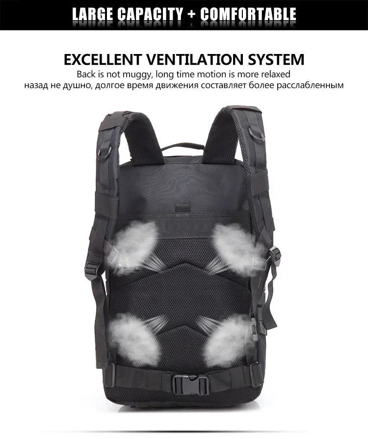 Black backpack with ventilation system on a white background