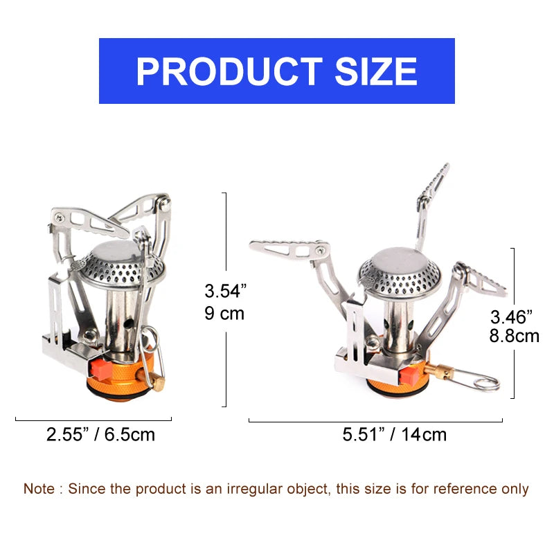 Measurement chart of a camping stove with dimensions labeled.
