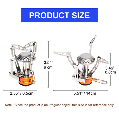 Measurement chart of a camping stove with dimensions labeled.