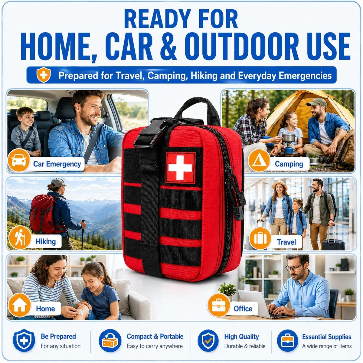 A red and black emergency first aid kit bag with a white cross on the front, shown in the center of a promotional graphic. The graphic includes lifestyle photos of people in car, camping, hiking, and office settings, along with text highlighting home, car, and outdoor emergency use.
