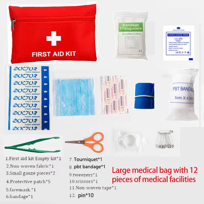 Collection of medical supplies including a first aid kit, bandages, scissors, and other medical items on a white background.