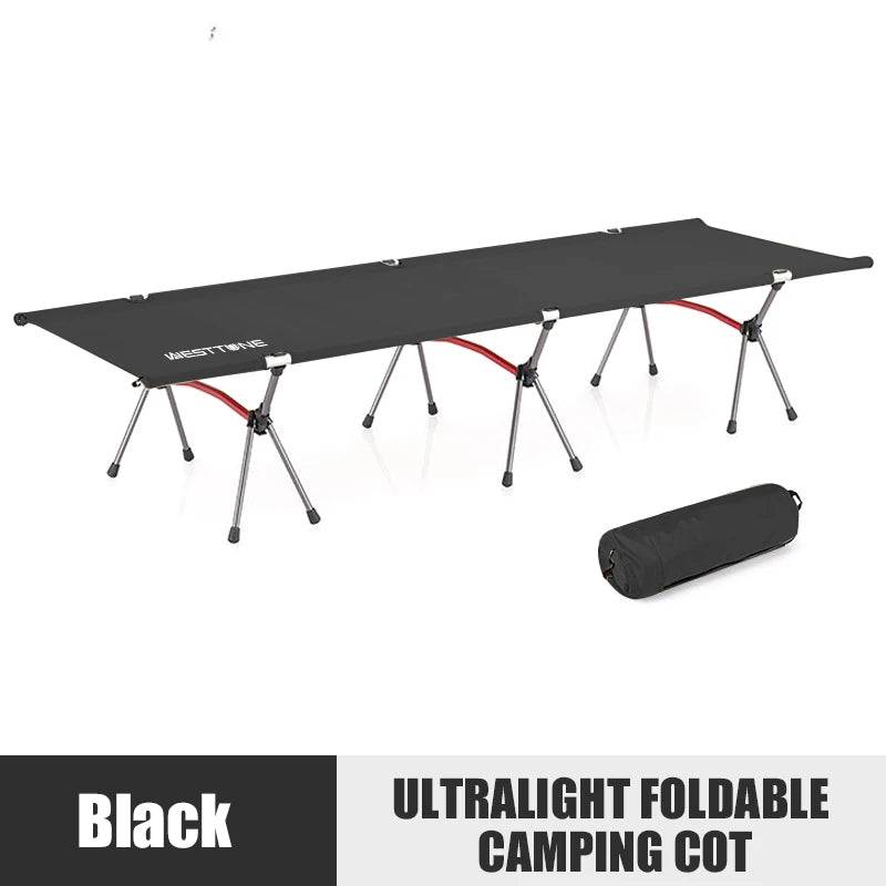Black ultralight foldable camping cot with carrying bag on a white background
