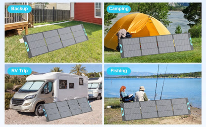 A four-panel collage showing portable solar panels in different real-world use cases: backup power, camping beside a tent by a lake, an RV trip, and fishing by the water. The solar panels are overlaid on each scene, and the words 'Backup,' 'Camping,' 'RV Trip,' and 'Fishing' appear in blue labels.