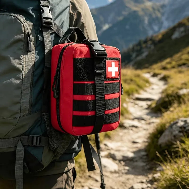 Red first aid kit with a white cross on a person's backpack in a mountainous area