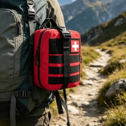 Red first aid kit with a white cross on a person's backpack in a mountainous area